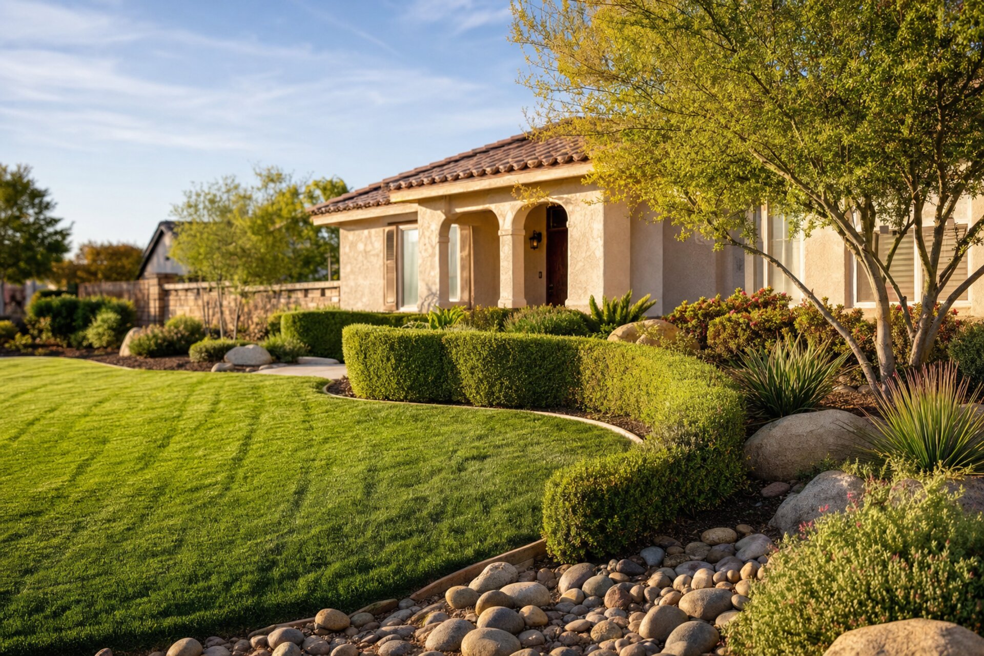 A lush, professionally maintained lawn and garden in front of a Bakersfield home