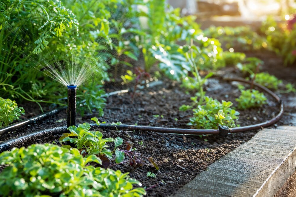 Close-up of a drip irrigation system watering a healthy garden bed