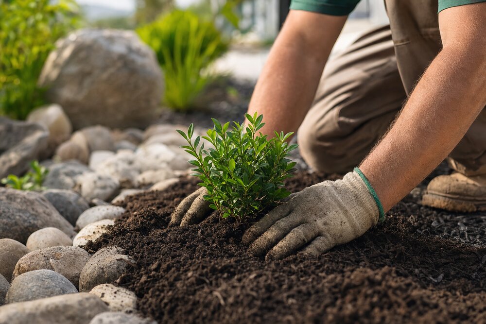 A landscaper carefully planting a shrub in a fresh mulch bed